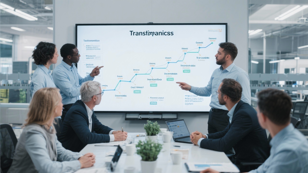 Cross-functional management workshop with consultants, production supervisors, and planners collaborating around digital whiteboard to align transformation roadmap milestones and investment prioritization.