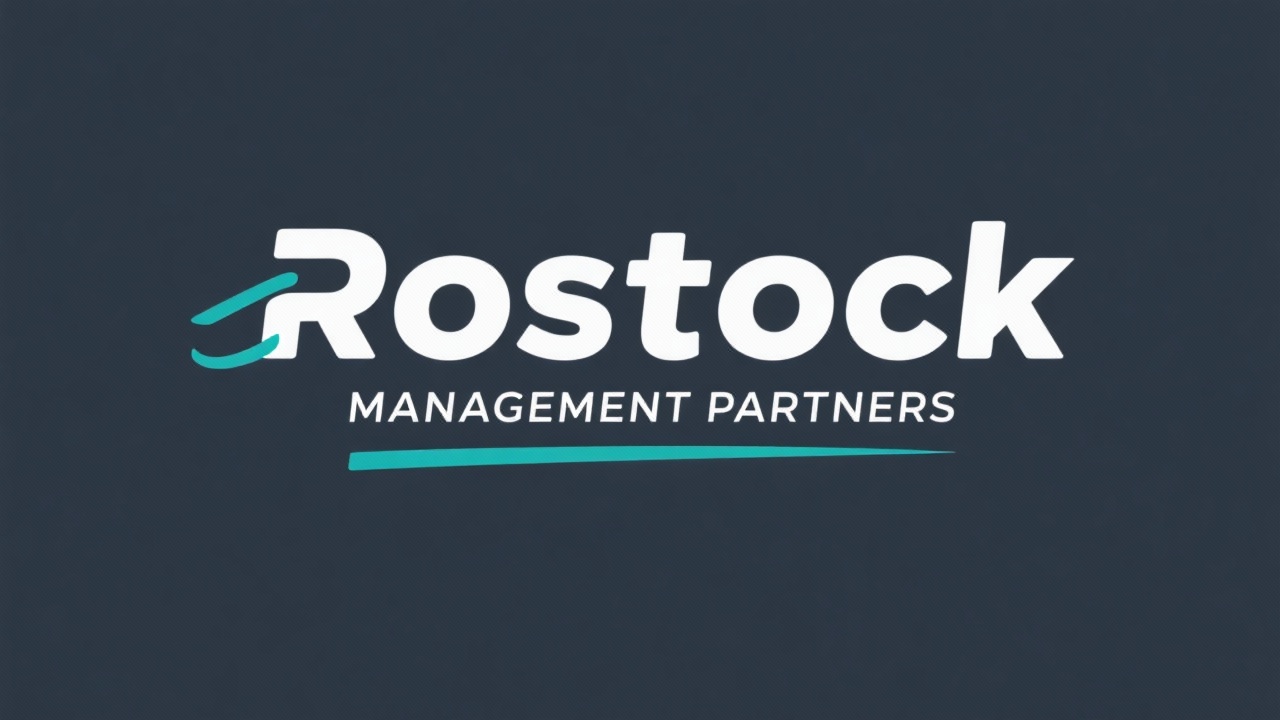 Minimalistic wordmark logo showing Rostock Management Partners in uppercase Inter font with subtle teal underline representing reliability, maritime heritage, operational precision and growth partnership for Northern German industries.