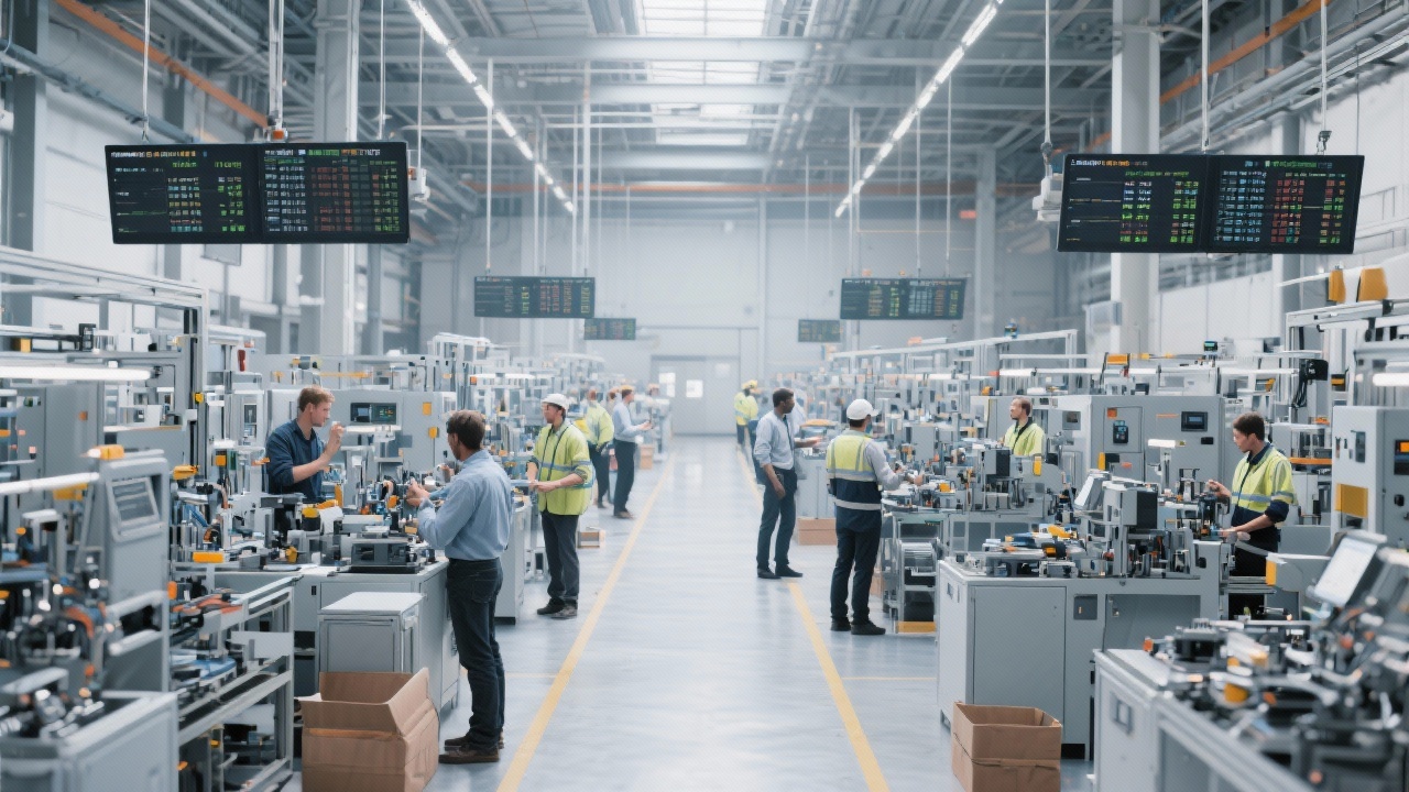 Modern production hall with synchronized assembly cells, overhead data displays, and cross-functional teams coordinating shift changeover during operational excellence initiative.